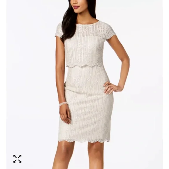 Adrianna Papell | Dresses | Nwt Adrianna Papell Cream Sequined Lace Popover  Dress Size 4 | Poshmark